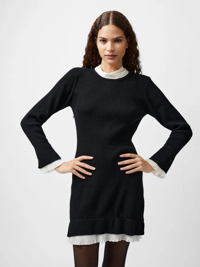 French Connection Dresses Melody Pleated Mix Mini Dress Blackporcelain Crea 8211 Woman French Connection Dresses Melody Pleated Mix Mini Dress Blackporcelain Crea 8211 Woman