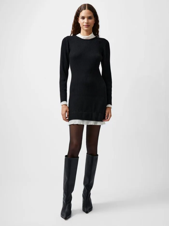 French Connection Dresses Melody Pleated Mix Mini Dress Blackporcelain Crea 8211 Woman