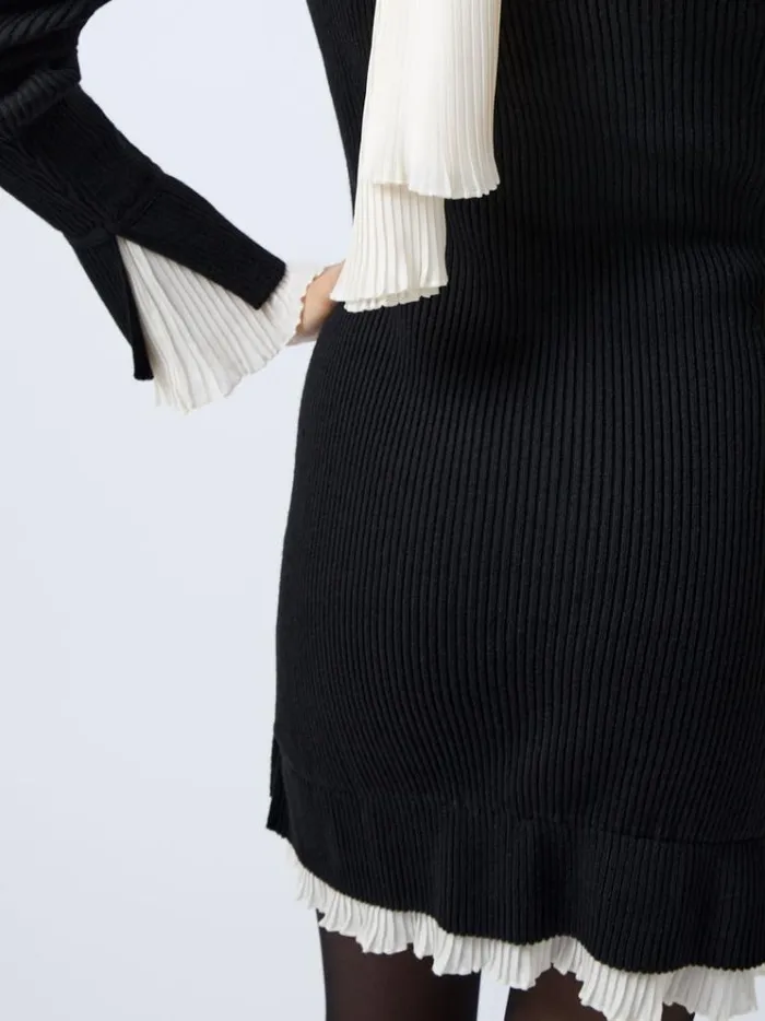 French Connection Dresses Melody Pleated Mix Mini Dress Blackporcelain Crea 8211 Woman