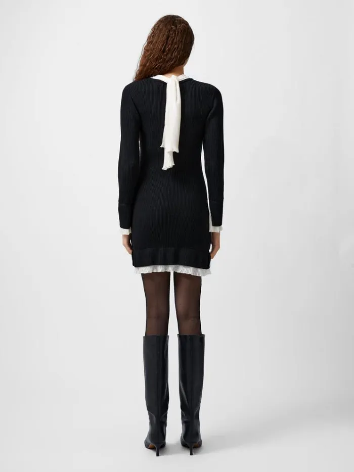 French Connection Dresses Melody Pleated Mix Mini Dress Blackporcelain Crea 8211 Woman