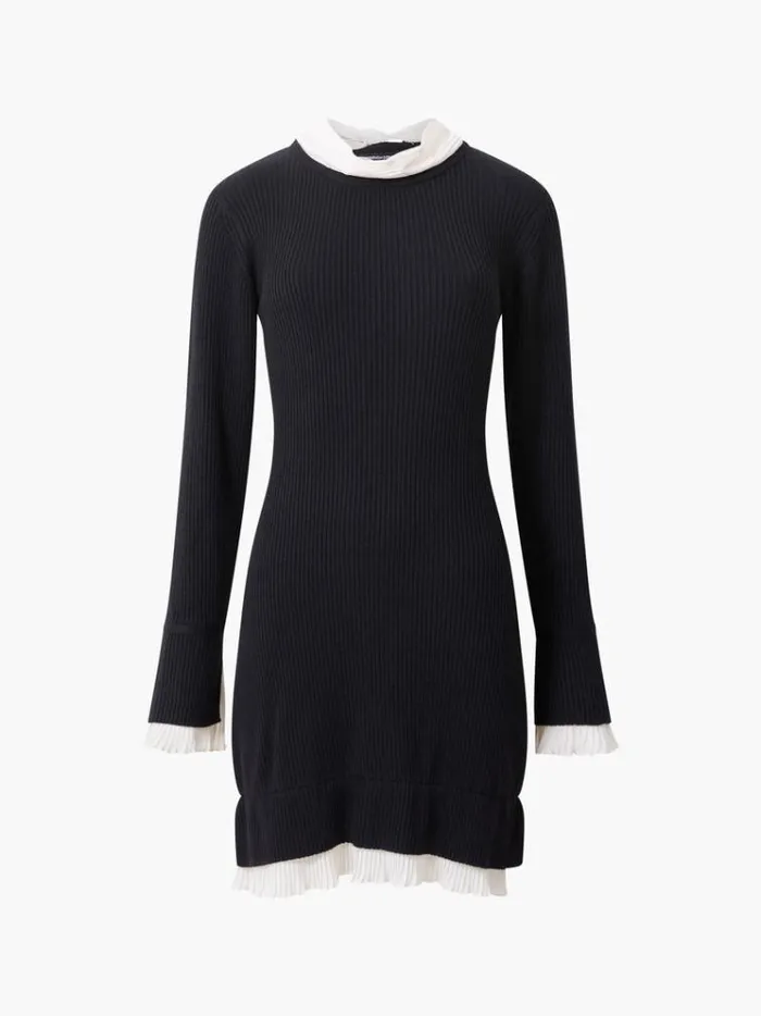 French Connection Dresses Melody Pleated Mix Mini Dress Blackporcelain Crea 8211 Woman