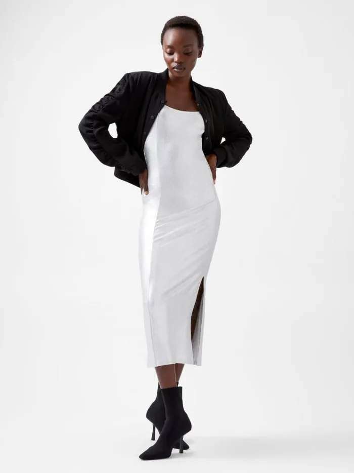 French Connection Dresses Vista Ribbed Foil Coated Midi Dress Silver 8211 Woman