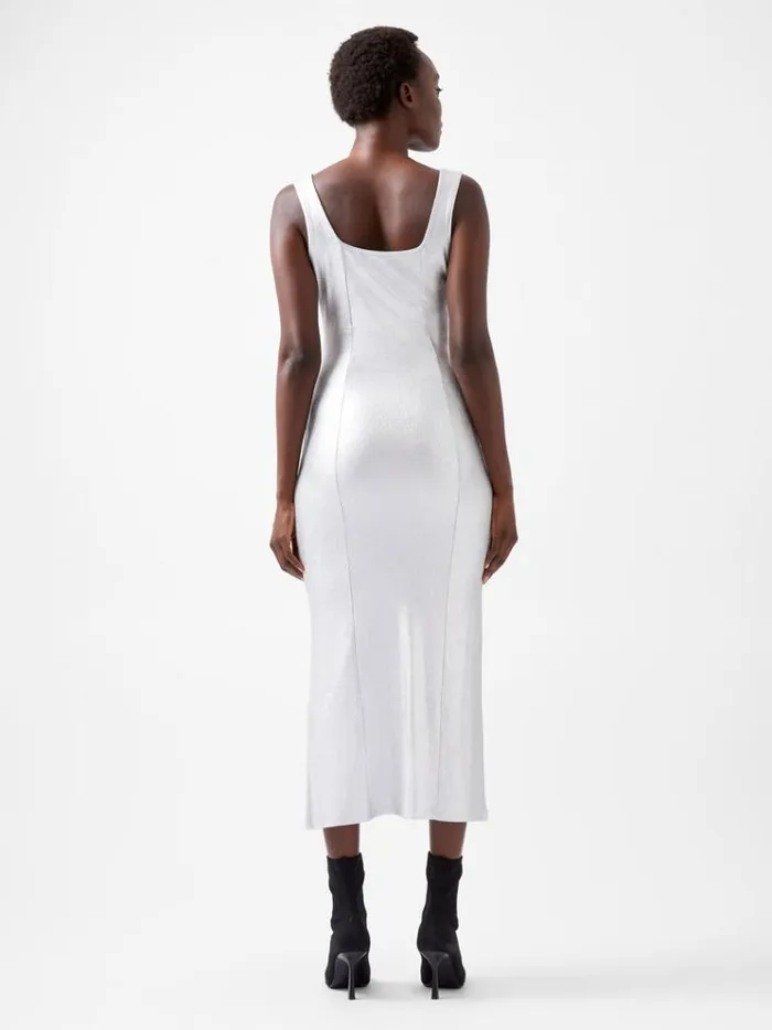 French Connection Dresses Vista Ribbed Foil Coated Midi Dress Silver 8211 Woman