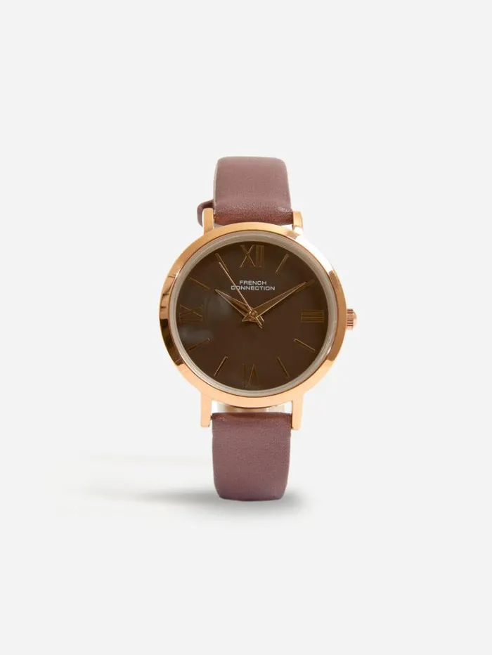 French Connection Jewellery Brown Leather Strap Watch With Brown Dial Brown 8211 Woman