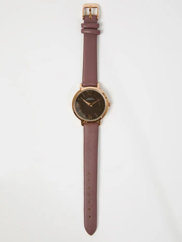 French Connection Jewellery Brown Leather Strap Watch With Brown Dial Brown 8211 Woman