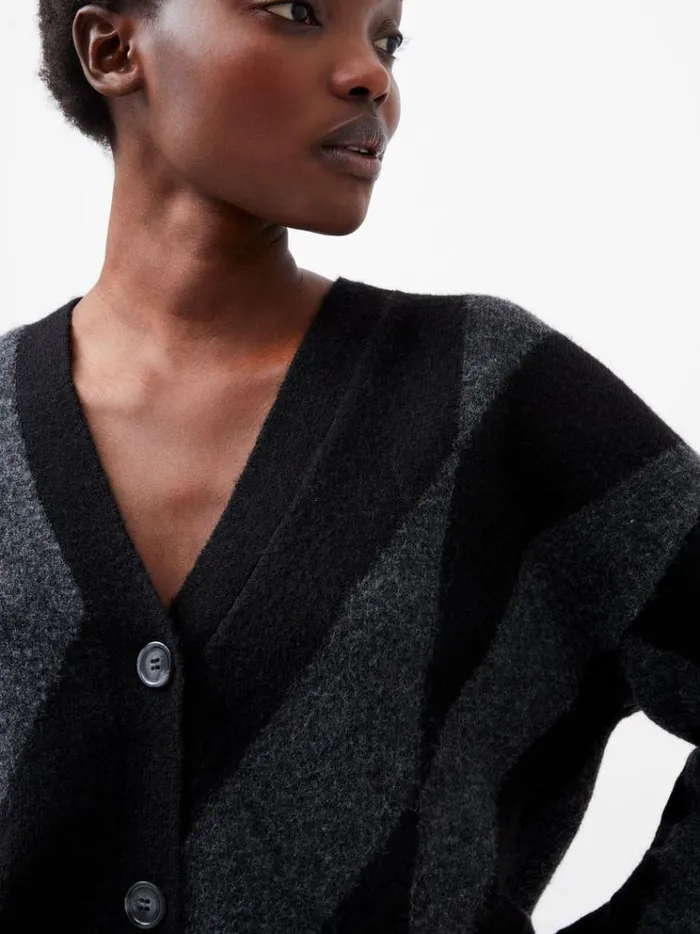 French Connection Jumpers and Cardigans Nicola Recycled Brushed Check Cardigan Blackoutdove Grey 8211 Woman