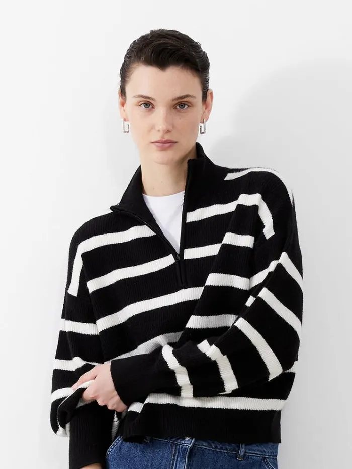 French Connection Jumpers and Cardigans Vhari Recycled Stripe Half Zip Jumper Blackwinter White 8211 Woman