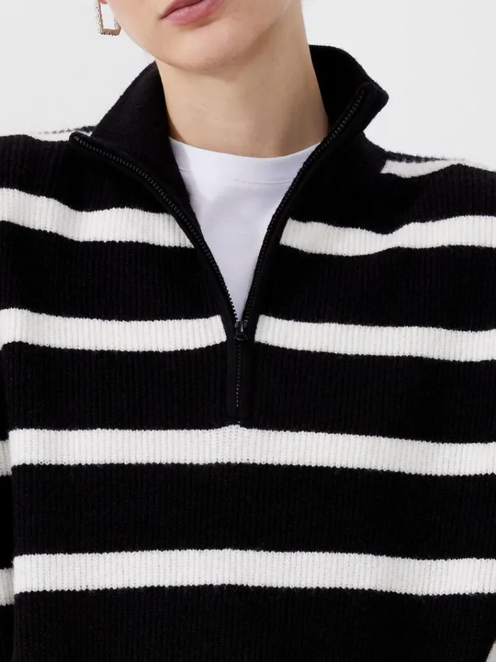 French Connection Jumpers and Cardigans Vhari Recycled Stripe Half Zip Jumper Blackwinter White 8211 Woman