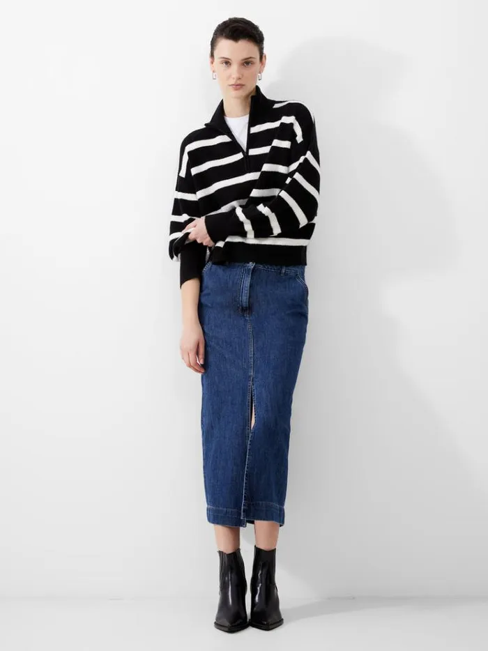 French Connection Jumpers and Cardigans Vhari Recycled Stripe Half Zip Jumper Blackwinter White 8211 Woman