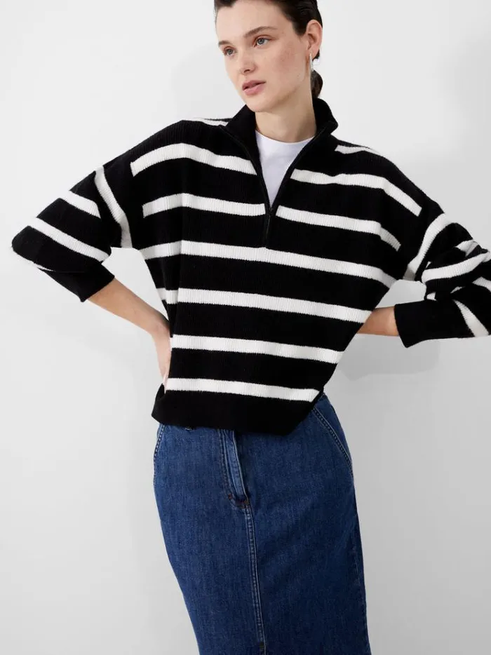 French Connection Jumpers and Cardigans Vhari Recycled Stripe Half Zip Jumper Blackwinter White 8211 Woman