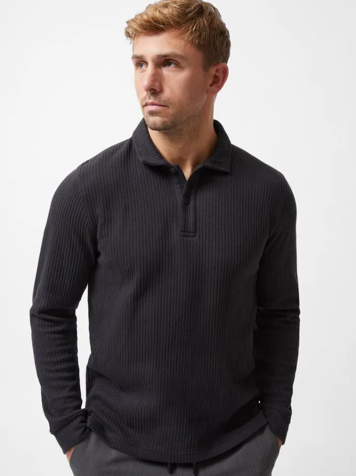 French Connection TShirts and Polo Shirts Textured Long Sleeve Polo Shirt Black 8211 Man