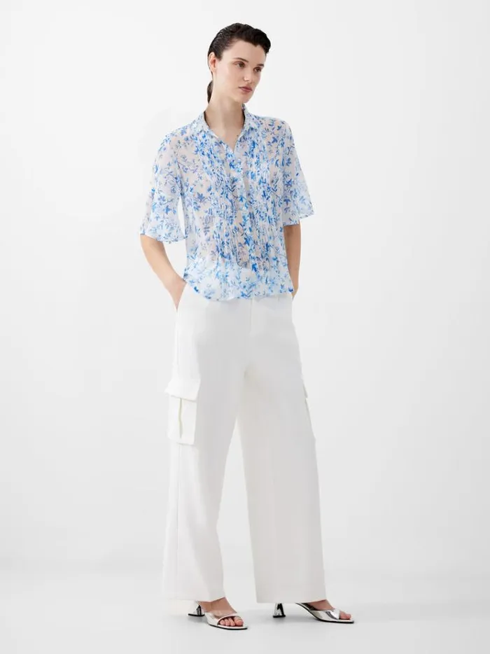 French Connection Tops Catrina Hallie Crinkle Pintuck Shirt Summer Whiteblue 8211 Woman