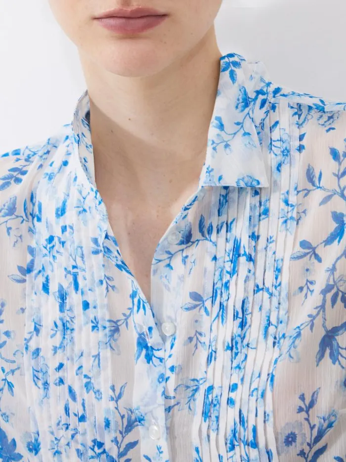 French Connection Tops Catrina Hallie Crinkle Pintuck Shirt Summer Whiteblue 8211 Woman