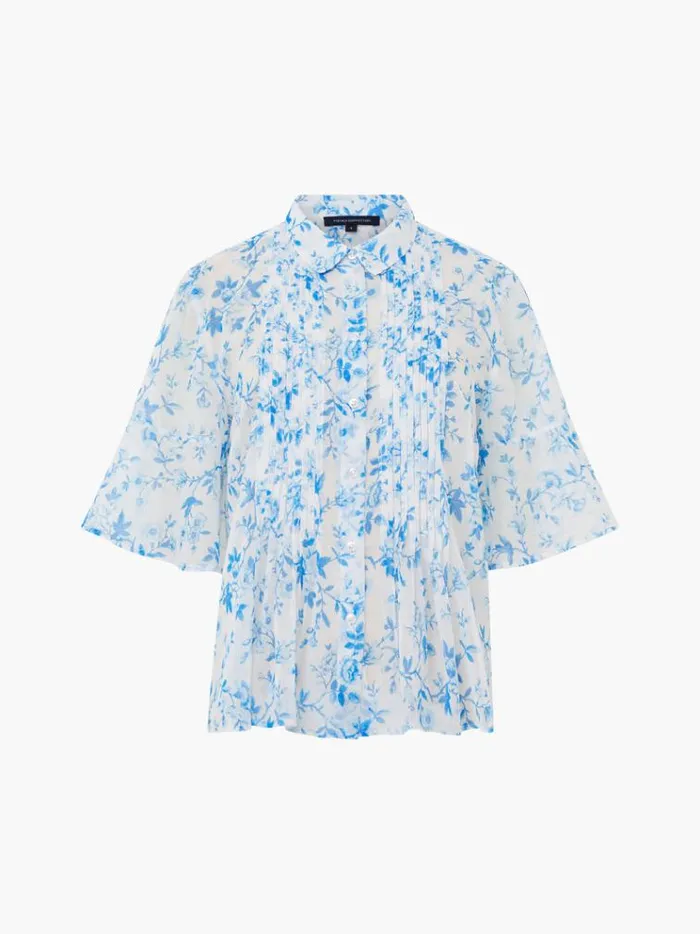 French Connection Tops Catrina Hallie Crinkle Pintuck Shirt Summer Whiteblue 8211 Woman