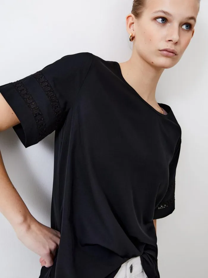 French Connection Tops Crochet Trim Crepe Light Top Black 8211 Woman