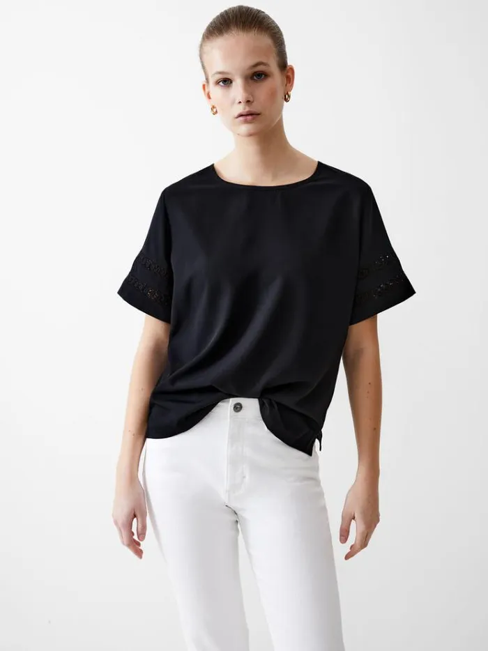 French Connection Tops Crochet Trim Crepe Light Top Black 8211 Woman