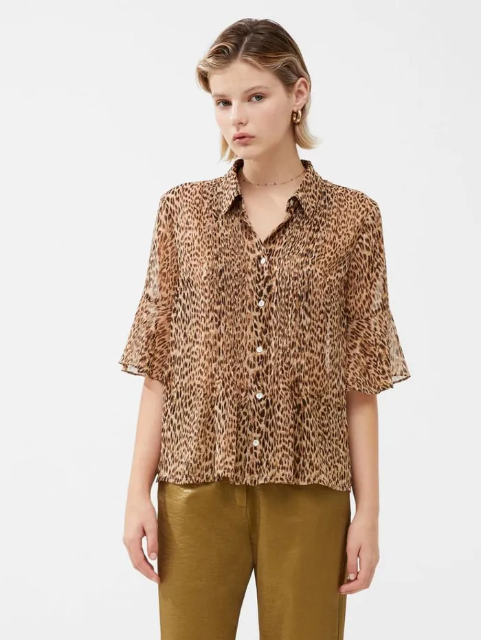 French Connection Tops Leopard Georgette Pin Tuck Shirt Leopard 8211 Woman