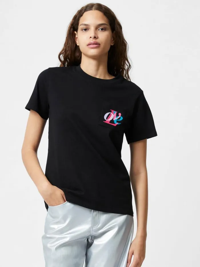 French Connection Tops Love Embroidered Pocket TShirt Black 8211 Woman
