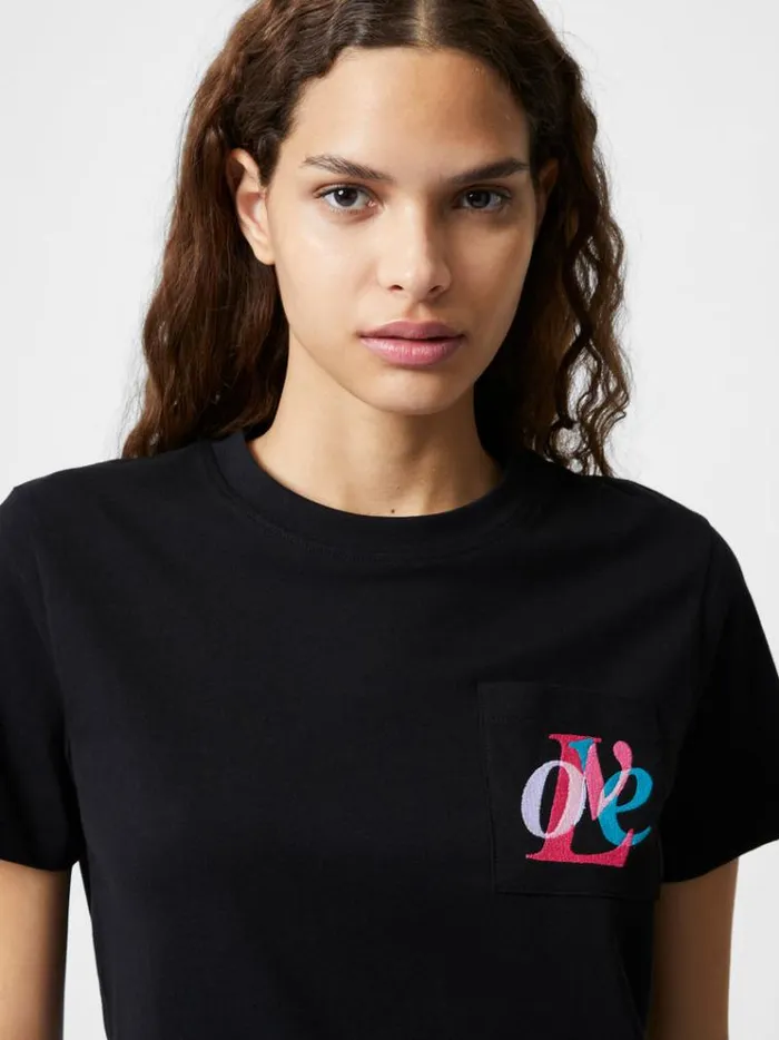 French Connection Tops Love Embroidered Pocket TShirt Black 8211 Woman