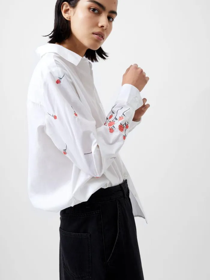 French Connection Tops Rhodes Embroidered Shirt Linen White 8211 Woman