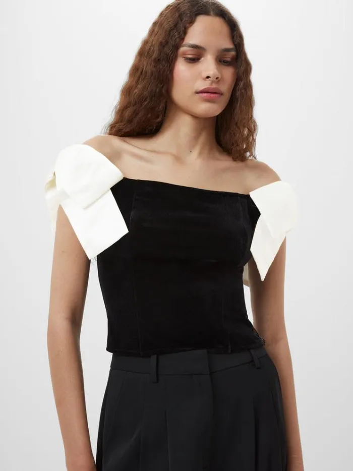 French Connection Tops Velvet Carey Satin Bow Top Blackporcelain Crea 8211 Woman