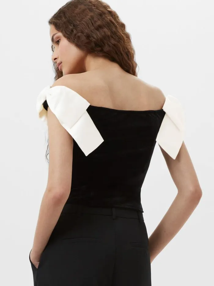 French Connection Tops Velvet Carey Satin Bow Top Blackporcelain Crea 8211 Woman