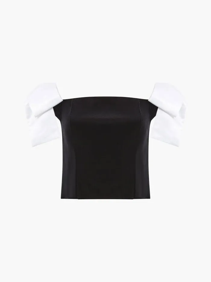 French Connection Tops Velvet Carey Satin Bow Top Blackporcelain Crea 8211 Woman