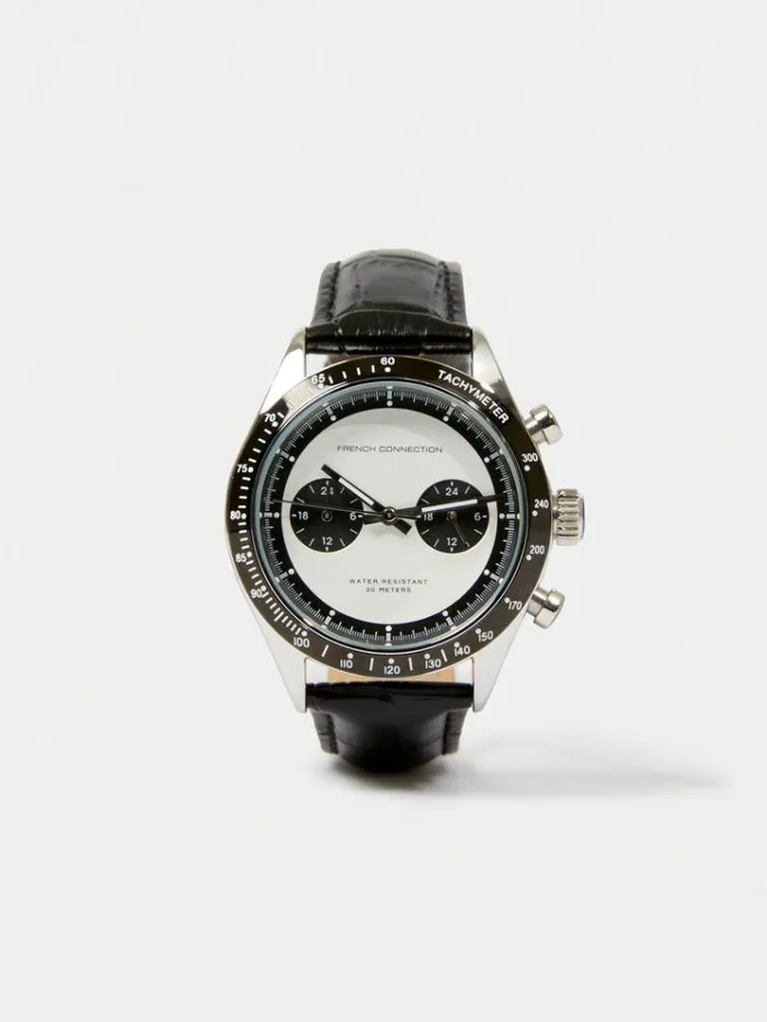 French Connection Watches Black Leather Strap Watch With White Dial Black 8211 Man