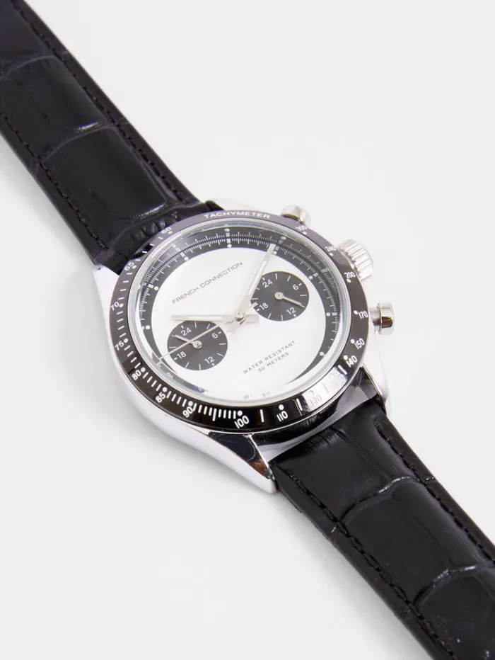 French Connection Watches Black Leather Strap Watch With White Dial Black 8211 Man