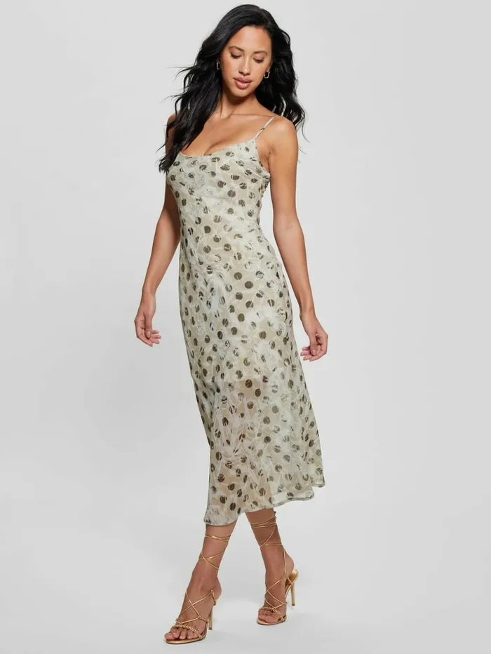 GUESS Akilina Printed Midi Dress Sandy Polka Dots Women Dresses and Jumpsuits