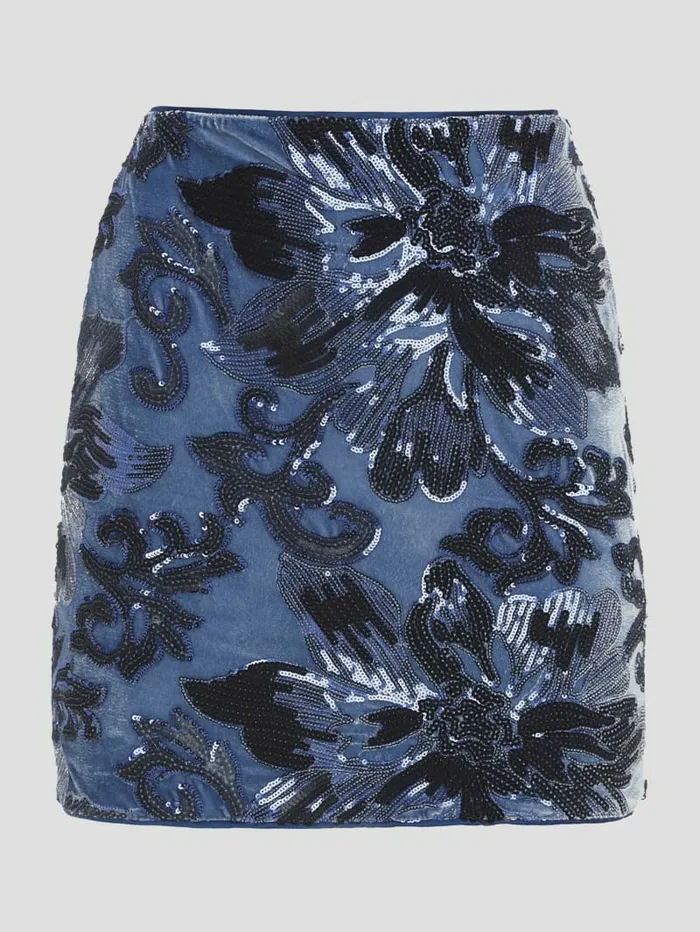 GUESS Bottoms Women Ernesta Embellished Velvet Skirt Flower Blue Sequins