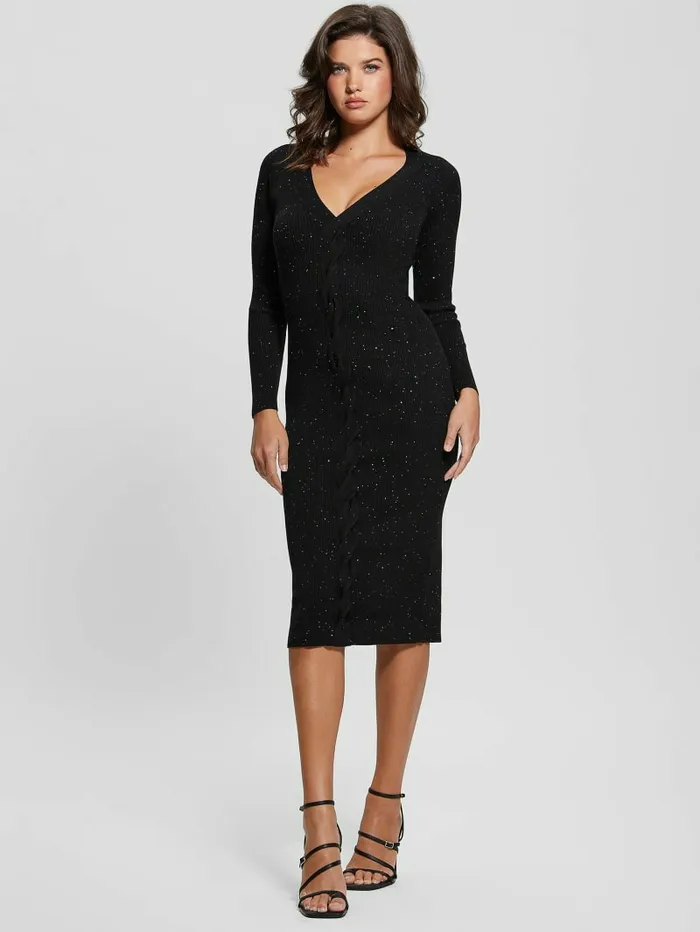 GUESS Celia Sequin Sweater Dress Jet Black Multi Women Dresses and Jumpsuits