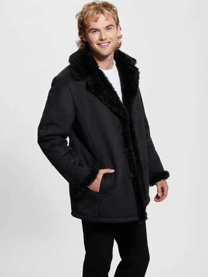 GUESS Jackets and Coats Men Ian FauxSuede Coat Jet Black Multi GUESS Jackets and Coats Men Ian FauxSuede Coat Jet Black Multi