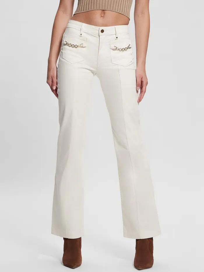 GUESS Jeans and Denim Women Sateen Chain Sexy Bootcut Pants Cream White GUESS Jeans and Denim Women Sateen Chain Sexy Bootcut Pants Cream White