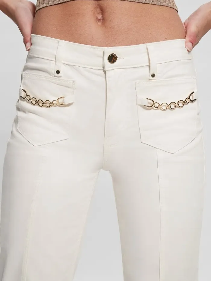 GUESS Jeans and Denim Women Sateen Chain Sexy Bootcut Pants Cream White GUESS Jeans and Denim Women Sateen Chain Sexy Bootcut Pants Cream White