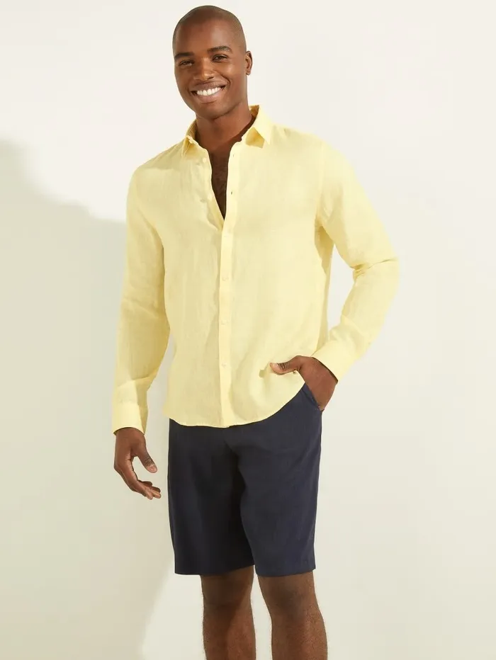 GUESS Linen Italian Notched Cuff Shirt Creamy Yellow Men Shirts