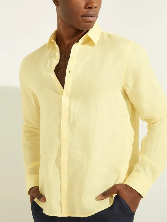 GUESS Linen Italian Notched Cuff Shirt Creamy Yellow Men Shirts GUESS Linen Italian Notched Cuff Shirt Creamy Yellow Men Shirts