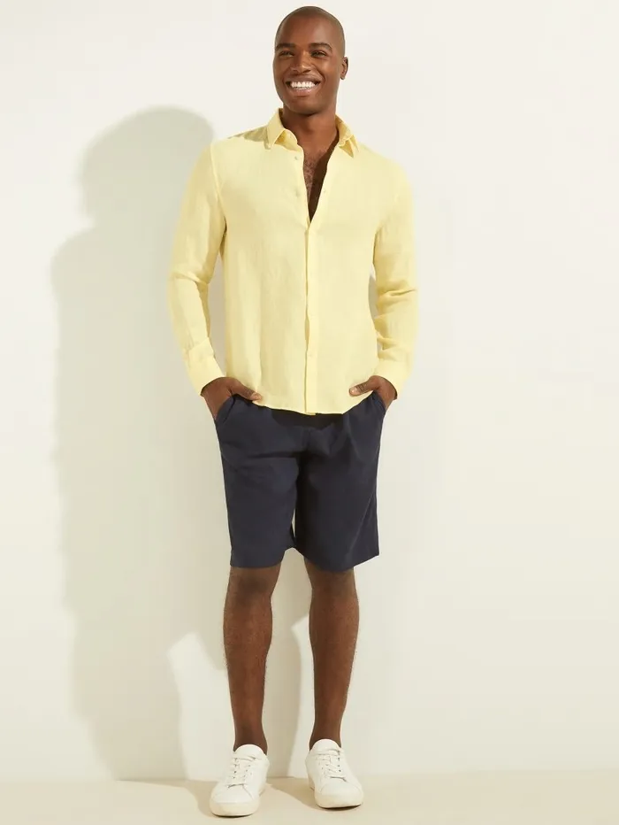 GUESS Linen Italian Notched Cuff Shirt Creamy Yellow Men Shirts GUESS Linen Italian Notched Cuff Shirt Creamy Yellow Men Shirts