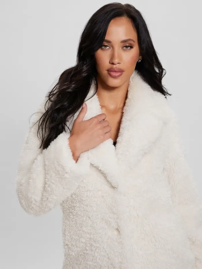 GUESS Nives FauxFur Coat Cream White Women Jackets and Coats