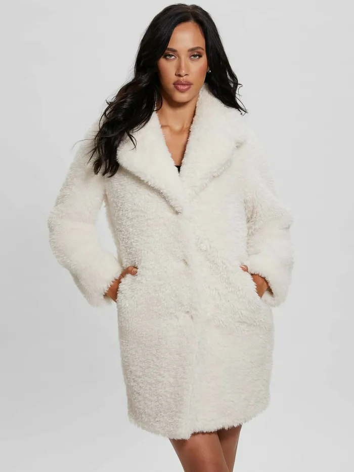 GUESS Nives FauxFur Coat Cream White Women Jackets and Coats