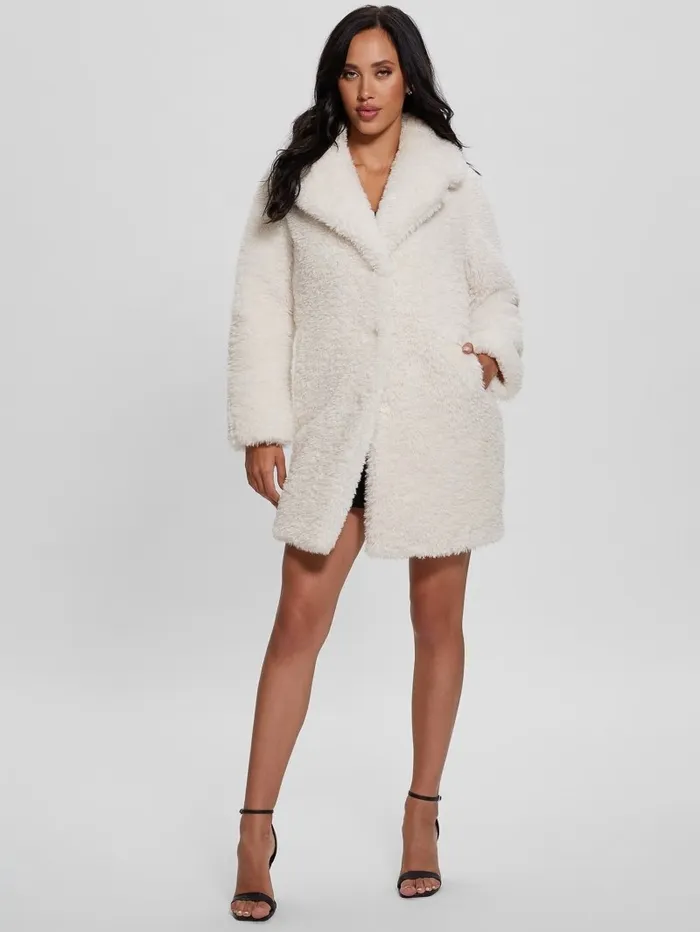 GUESS Nives FauxFur Coat Cream White Women Jackets and Coats