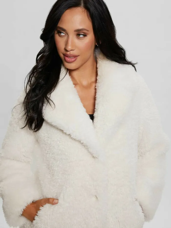 GUESS Nives FauxFur Coat Cream White Women Jackets and Coats