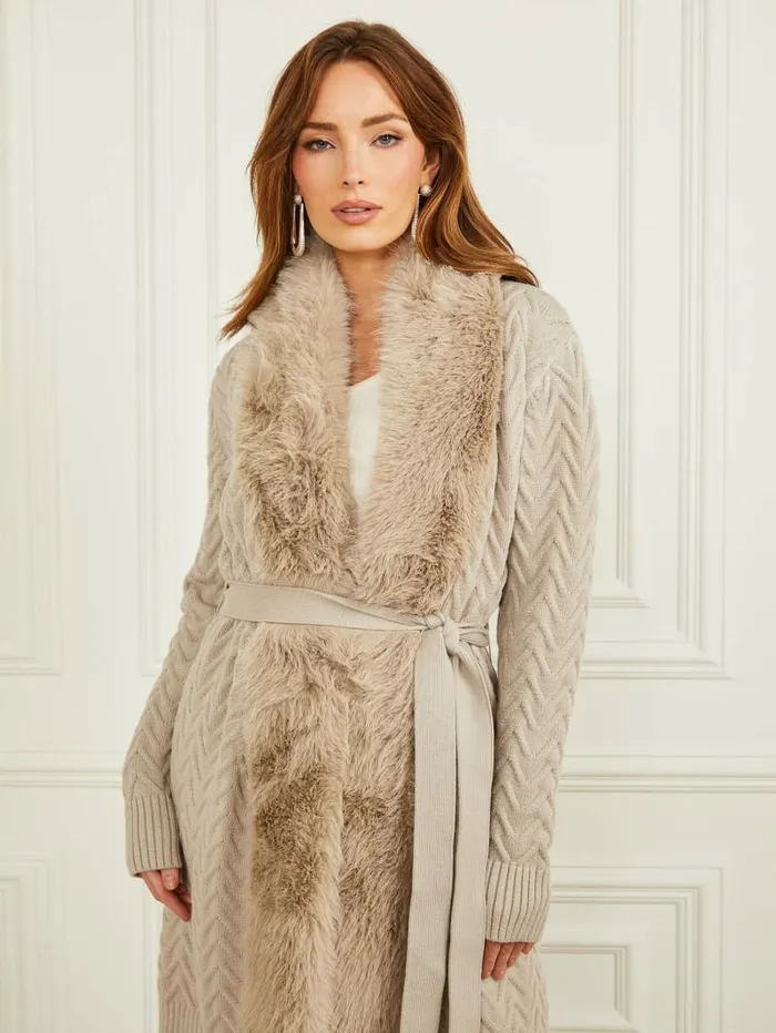 GUESS Paula FauxFur Long Cardigan Sweater Fawn Taupe Women Jackets and Coats
