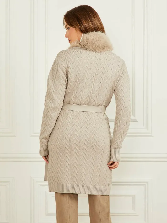 GUESS Paula FauxFur Long Cardigan Sweater Fawn Taupe Women Jackets and Coats GUESS Paula FauxFur Long Cardigan Sweater Fawn Taupe Women Jackets and Coats
