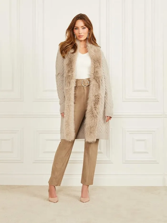 GUESS Paula FauxFur Long Cardigan Sweater Fawn Taupe Women Jackets and Coats GUESS Paula FauxFur Long Cardigan Sweater Fawn Taupe Women Jackets and Coats