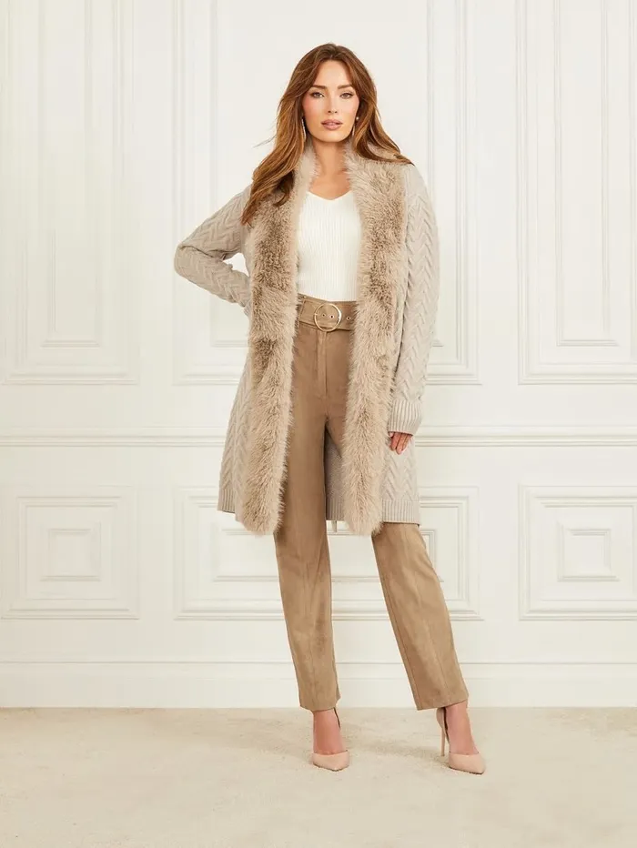 GUESS Paula FauxFur Long Cardigan Sweater Fawn Taupe Women Jackets and Coats GUESS Paula FauxFur Long Cardigan Sweater Fawn Taupe Women Jackets and Coats