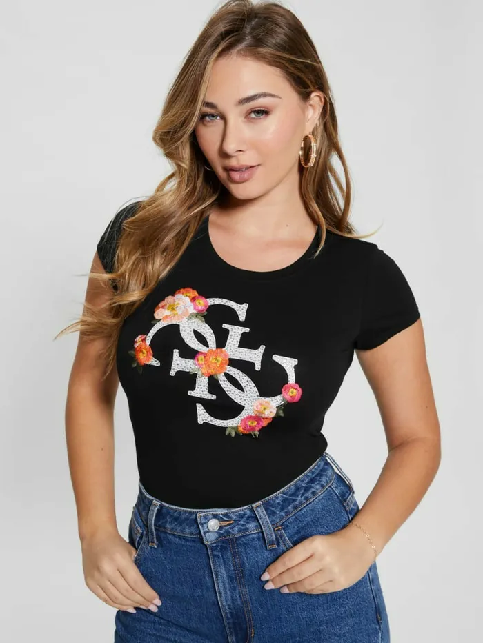 GUESS Quattro G Floral Tee Black Women Tops