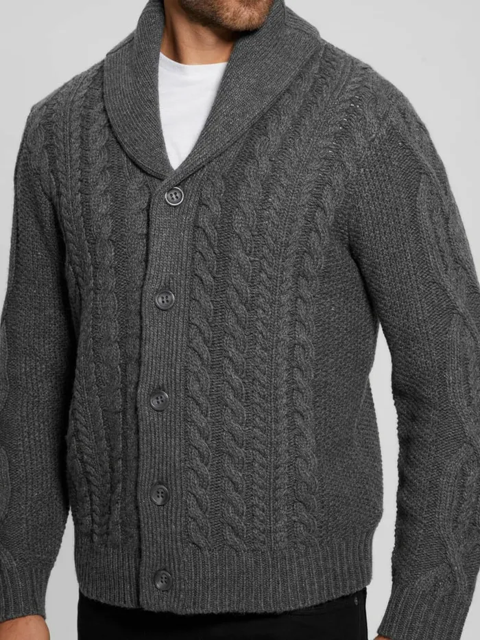 GUESS Shane Celtic CableKnit Cardigan Dark Coal Heather Men Hoodies and Sweaters GUESS Shane Celtic CableKnit Cardigan Dark Coal Heather Men Hoodies and Sweaters