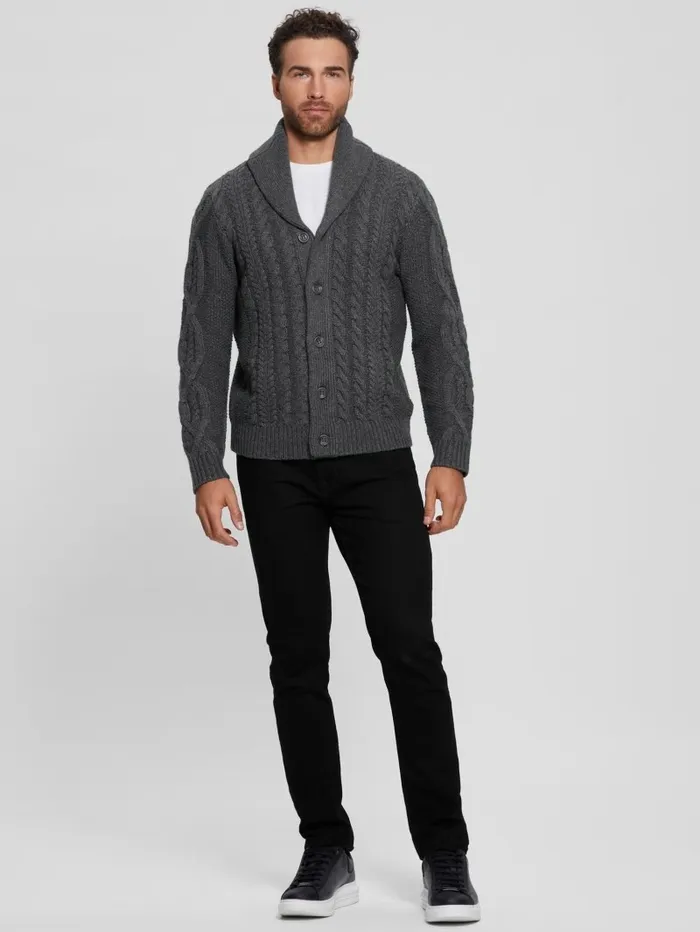 GUESS Shane Celtic CableKnit Cardigan Dark Coal Heather Men Hoodies and Sweaters GUESS Shane Celtic CableKnit Cardigan Dark Coal Heather Men Hoodies and Sweaters