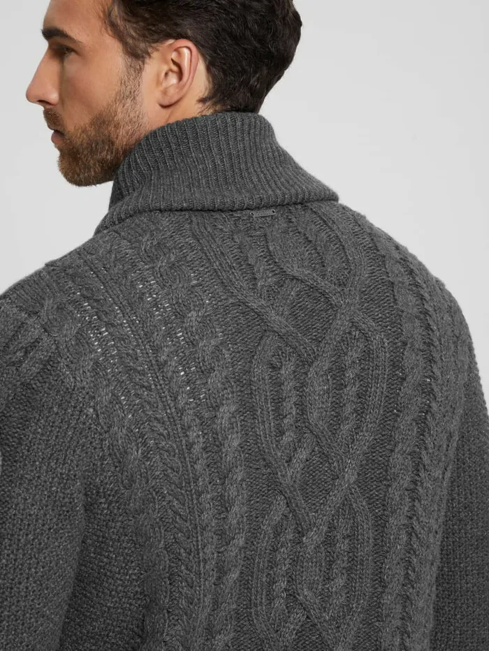 GUESS Shane Celtic CableKnit Cardigan Dark Coal Heather Men Hoodies and Sweaters GUESS Shane Celtic CableKnit Cardigan Dark Coal Heather Men Hoodies and Sweaters
